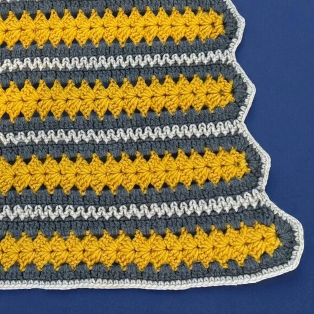 Crochet Afghan Baby Blanket Yellow Grey Stripes Approx 37